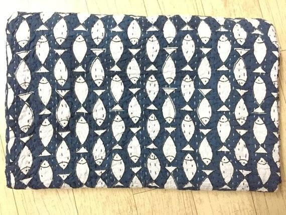 Fish Print Kantha Quilt, Indian Handmade Bedspread - Queen Size - image 1