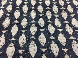 Fish Print Kantha Quilt, Indian Handmade Bedspread - Queen Size - thumbnail 2