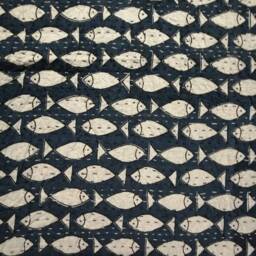 Fish Print Kantha Quilt, Indian Handmade Bedspread - Queen Size - thumbnail 4