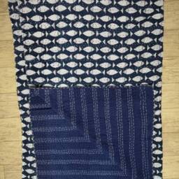 Fish Print Kantha Quilt, Indian Handmade Bedspread - Queen Size - thumbnail 3