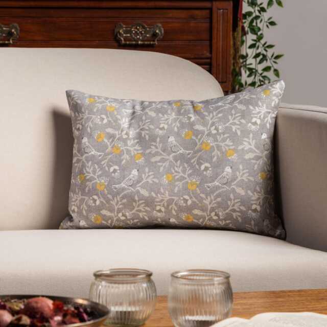 "Dainty Songbird Grey & Ochre Yellow Rectangular Boudoir Cushion. 17"" X 12" - image 1