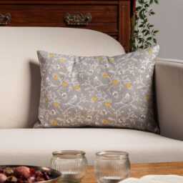 "Dainty Songbird Grey & Ochre Yellow Rectangular Boudoir Cushion. 17"" X 12" - thumbnail 1