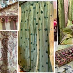 Custom Soft Green Silk Curtain Panels With Velvet Embellishments - thumbnail 3