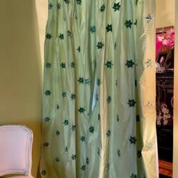 Custom Soft Green Silk Curtain Panels With Velvet Embellishments - thumbnail 2
