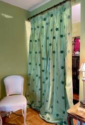 Custom Soft Green Silk Curtain Panels With Velvet Embellishments