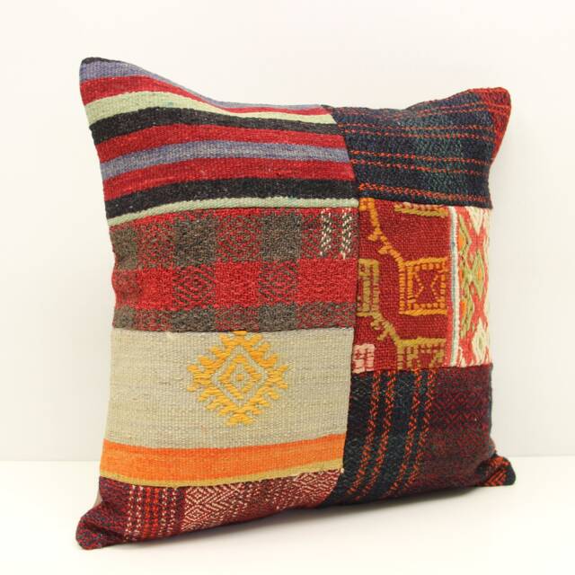 Patchwork Kilim Pillow Cover, 18x18, Handmade Turkish Woven Cushion - image 1