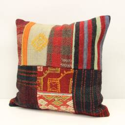 Patchwork Kilim Pillow Cover, 18x18, Handmade Turkish Woven Cushion - thumbnail 3