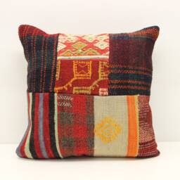 Patchwork Kilim Pillow Cover, 18x18, Handmade Turkish Woven Cushion - thumbnail 2