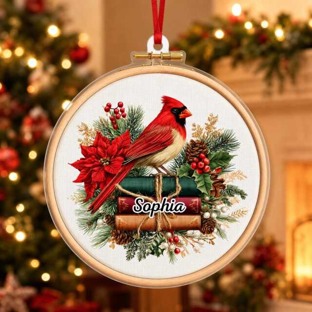 Custom Name Cardinal Hoop Ornament, Christmas Tree Car Hanging Decor, Flat 2D Ornament Acrylic Wooden Xmas Keepsake Gift 2026, Christmas - image 1