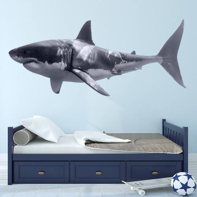 Shark Wall Decal - Great White Realistic Peel & Stick Jaws Sticker Reusable Fabric Material Vwaq Pas3 - image 1