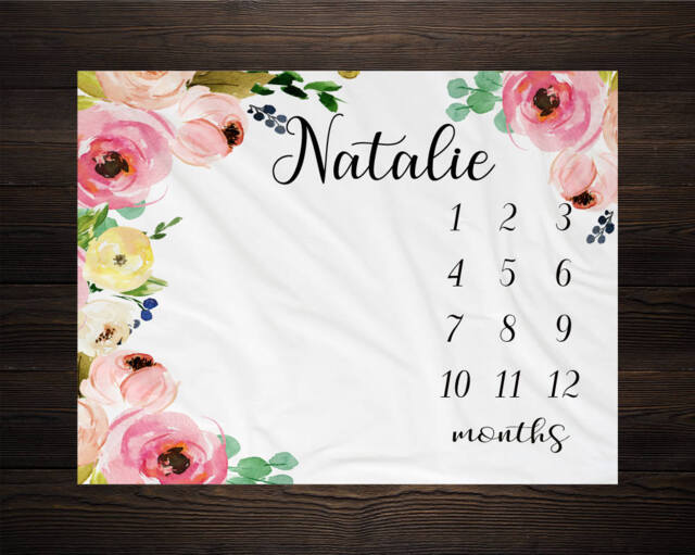 Baby Girl Milestone Blanket Month Growth Tracker Minky Fleece Custom Personalized Shower Gift Watercolor Floral Newborn - image 1
