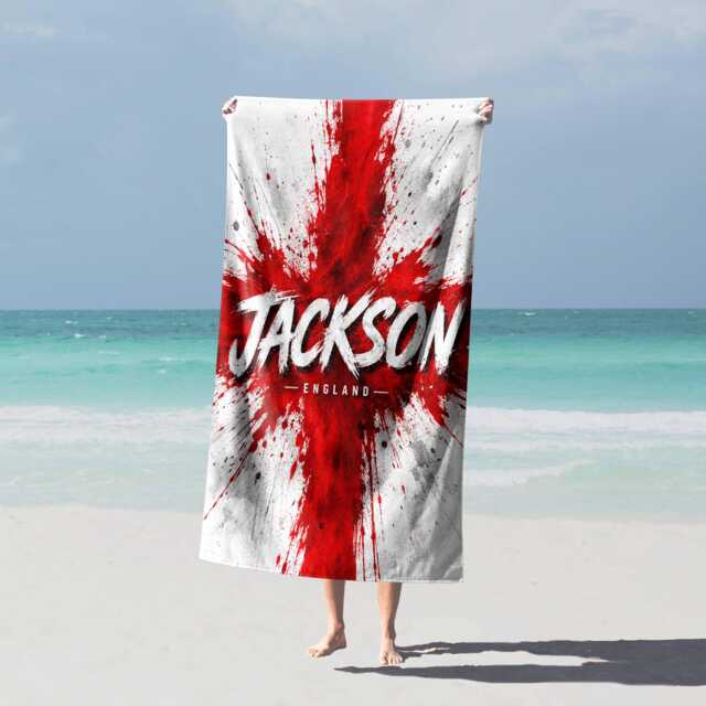 Personalised Name England Flag Bath Beach Towel Three Lions Football Supporter St Georges Cross Sports Fan Holiday Gift Present For Him Her - image 1