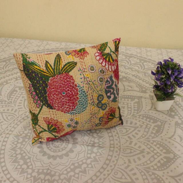 Floral Kantha Pillow Cover Indian Cotton Cushion, 24x24 - image 1