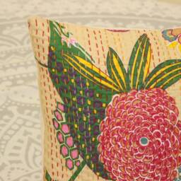 Floral Kantha Pillow Cover Indian Cotton Cushion, 24x24 - thumbnail 3