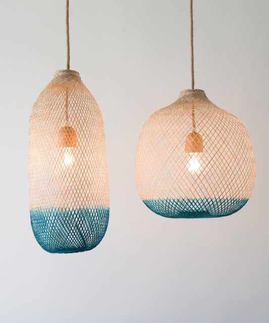 Hand-Dyed Bamboo Pendant Light - Teal Turquoise Artisan Fish Trap Lamp Shade Fixture/Cw - image 1