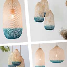 Hand-Dyed Bamboo Pendant Light - Teal Turquoise Artisan Fish Trap Lamp Shade Fixture/Cw - thumbnail 2
