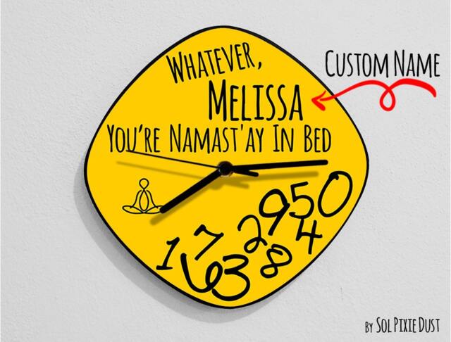 Custom Name Whatever, You're Namast'ay in Bed/Oval Yellow - Wall Clock - image 1