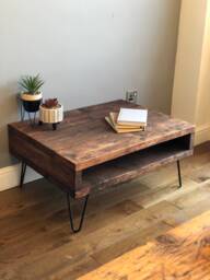 Industrial Reclaimed Coffee Table With Black Metal Hairpin Legs - thumbnail 1