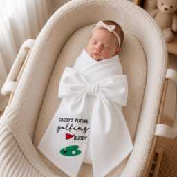 Daddy's Future Golfing Buddy Embroidered Newborn Bow Sash, Golf Baby Swaddle, Sash For Picture, Shower Gift - thumbnail 1