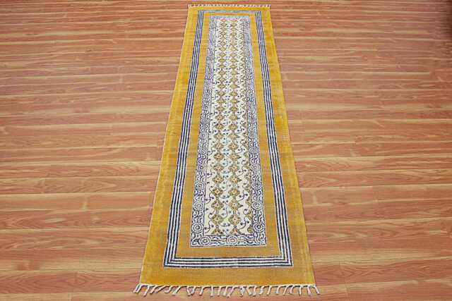 Handmade Cotton Runner Rug - 2x10 Feet Mustard Yellow & Purple, Bohemian Style Kilim Dhurrie - image 1