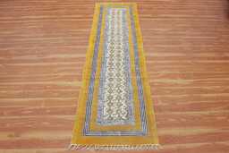 Handmade Cotton Runner Rug - 2x10 Feet Mustard Yellow & Purple, Bohemian Style Kilim Dhurrie - thumbnail 1