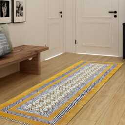 Handmade Cotton Runner Rug - 2x10 Feet Mustard Yellow & Purple, Bohemian Style Kilim Dhurrie - thumbnail 2