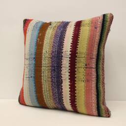 Handmade Vintage Kilim Pillow Cover, Bohemian Wool Throw - 18x18 In - thumbnail 3