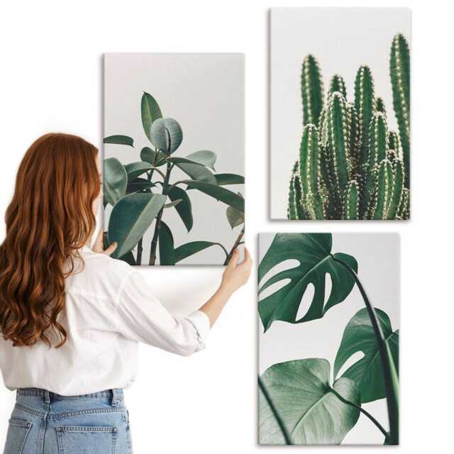 Canvas Set Of 3 - Tropical Houseplants Aesthetic Leaves, Green Wall Art Large, Plants & Flowers Hanging Piece - image 1