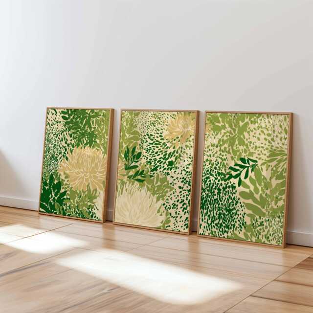 Green Botanical Wall Art Prints Set Of 3, Abstract Leaf & Floral Posters, Modern Nature For Living Room Or Bedroom Decor - image 1