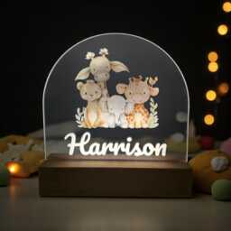 Personalized Cute Safari Animal Night Light For Kids - Custom Baby Nursery Lamp With Wooden Base For Children's Bedroom - thumbnail 1