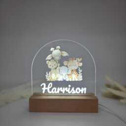 Personalized Cute Safari Animal Night Light For Kids - Custom Baby Nursery Lamp With Wooden Base For Children's Bedroom - thumbnail 2