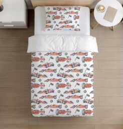 Bedding - Race Cars Red, Duvet Cover Set, Fitted Sheets, Pillow Case, Modern Colourful Kids Bedding - thumbnail 1
