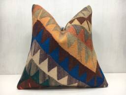 Vintage Handwoven Kilim Pillow Cover, Bohemian Home Decor - 16x16 - thumbnail 1