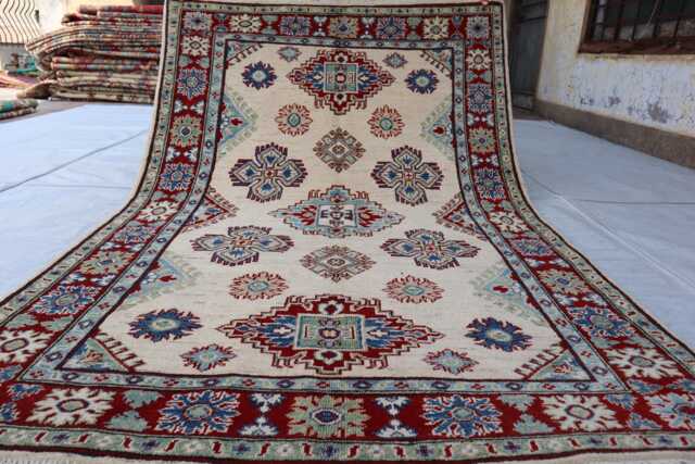 4'4x6'4 Ft Afghan New Luxury Rug, Kazak Hand Knotted Area Rug, Medallion Geometric Home Decorative, Livingroom Carpet - image 1