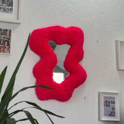 Abstract Pink Neon Tufted Wall Mirror - Handmade Fluffy Fiber Art Funky Soft Sculptural Decor - thumbnail 3