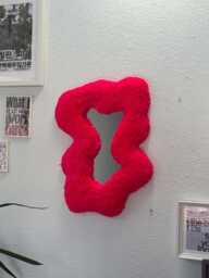 Abstract Pink Neon Tufted Wall Mirror - Handmade Fluffy Fiber Art Funky Soft Sculptural Decor - thumbnail 1