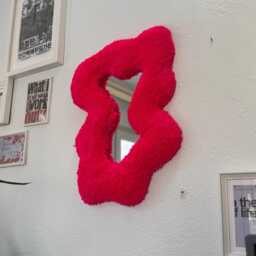 Abstract Pink Neon Tufted Wall Mirror - Handmade Fluffy Fiber Art Funky Soft Sculptural Decor - thumbnail 2