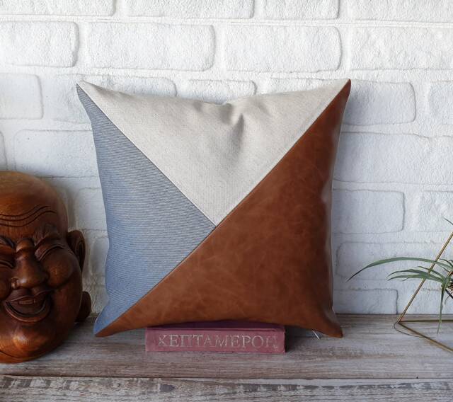 Cognac Faux Leather Pillow Cover Denim & Linen, 16x16 - image 1
