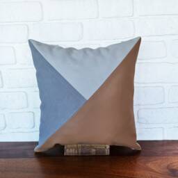 Cognac Faux Leather Pillow Cover Denim & Linen, 16x16 - thumbnail 3