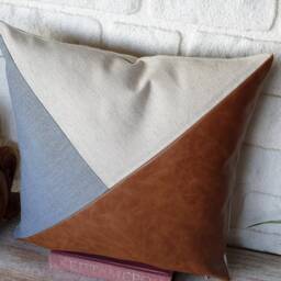 Cognac Faux Leather Pillow Cover Denim & Linen, 16x16 - thumbnail 2