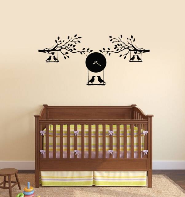 Nursery Vinyl Wall Decal Branches Birds Clock Kids Room Decor Stickers Mural - #2764Di - image 1