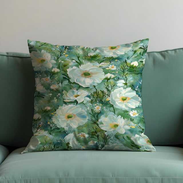 Green Floral Cushion Cover, White Flower Pillowcase, Botanical Watercolour Throw Pillow Cover - image 1