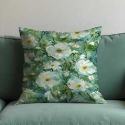 Green Floral Cushion Cover, White Flower Pillowcase, Botanical Watercolour Throw Pillow Cover - thumbnail 1