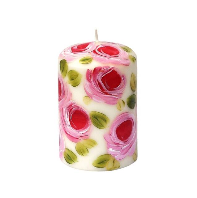 Hand-Painted Pink Rose Pillar Candle, Romantic Floral Shabby Chic Decor - image 1