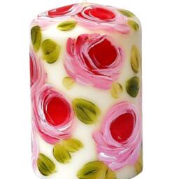 Hand-Painted Pink Rose Pillar Candle, Romantic Floral Shabby Chic Decor - thumbnail 2