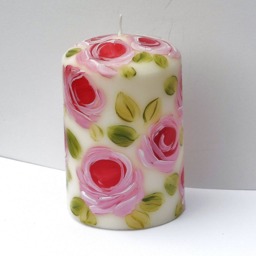 Hand-Painted Pink Rose Pillar Candle, Romantic Floral Shabby Chic Decor - thumbnail 3