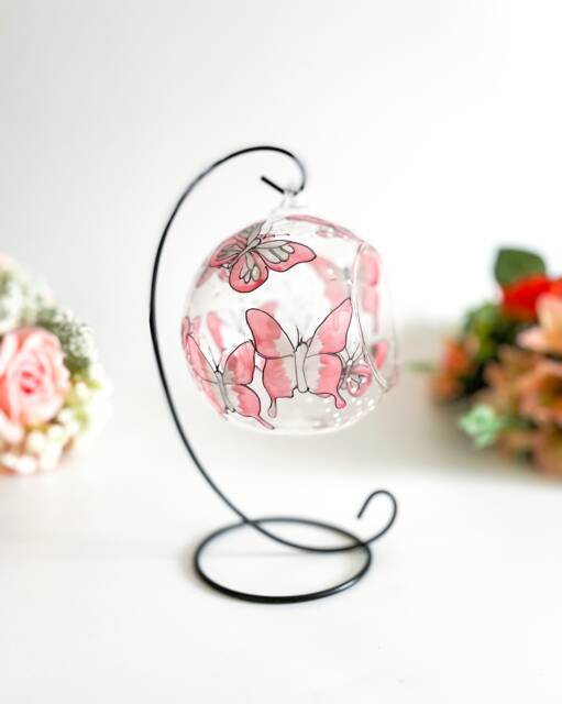 Hand Painted Blush Pink Butterfly Glass Candle Holder With Metal Stand - image 1