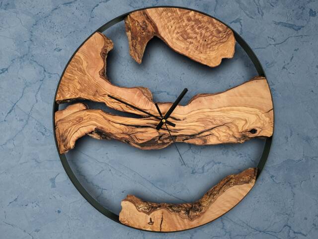 Olive Wood Wall Clock Rustic Metal Frame, Unique Home Decor - image 1