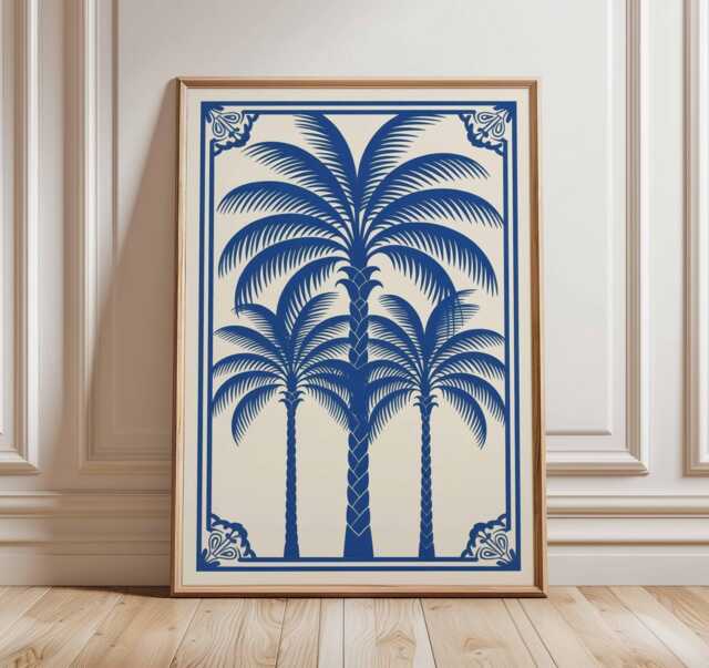 Palm Tree Poster, Tropical Wall Art, Coastal Beach Print, Blue Botanical Decor, Exotic Summer Poster - image 1