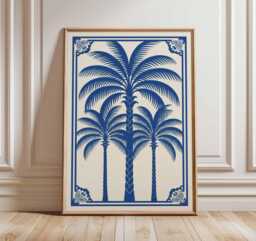 Palm Tree Poster, Tropical Wall Art, Coastal Beach Print, Blue Botanical Decor, Exotic Summer Poster - thumbnail 1